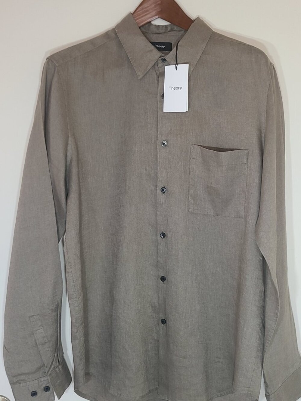 NWT Theory Men's Irving Irving PA Olive Green Linen Long Sleeve Shirt - Large